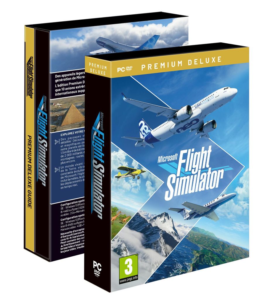 Two boxes of Microsoft Flight Simulator Premium Deluxe Edition, one slightly behind the other, on a white background.