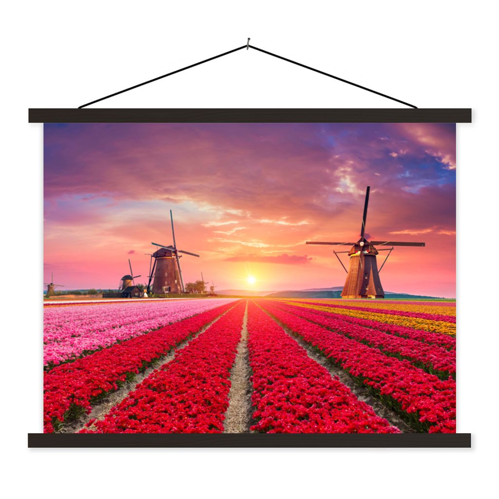 MuchoWow Textilposter Blumen - Windmühle - Tulpen - Sonnenuntergang - Rosa 150x113 cm mit schwarzem Rahmen - Wohnzimmer