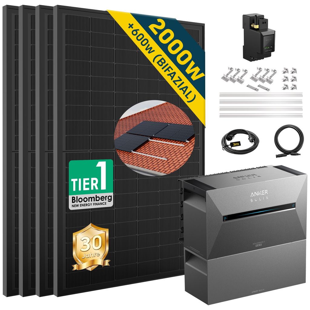 ALLDREI Balkonkraftwerk mit Speicher Anker Solix Solarbank 3 E2700 Pro & BP2700x1,Komplettset mit 4x500W Bifazialer Solarpanel & Smarten Zähler