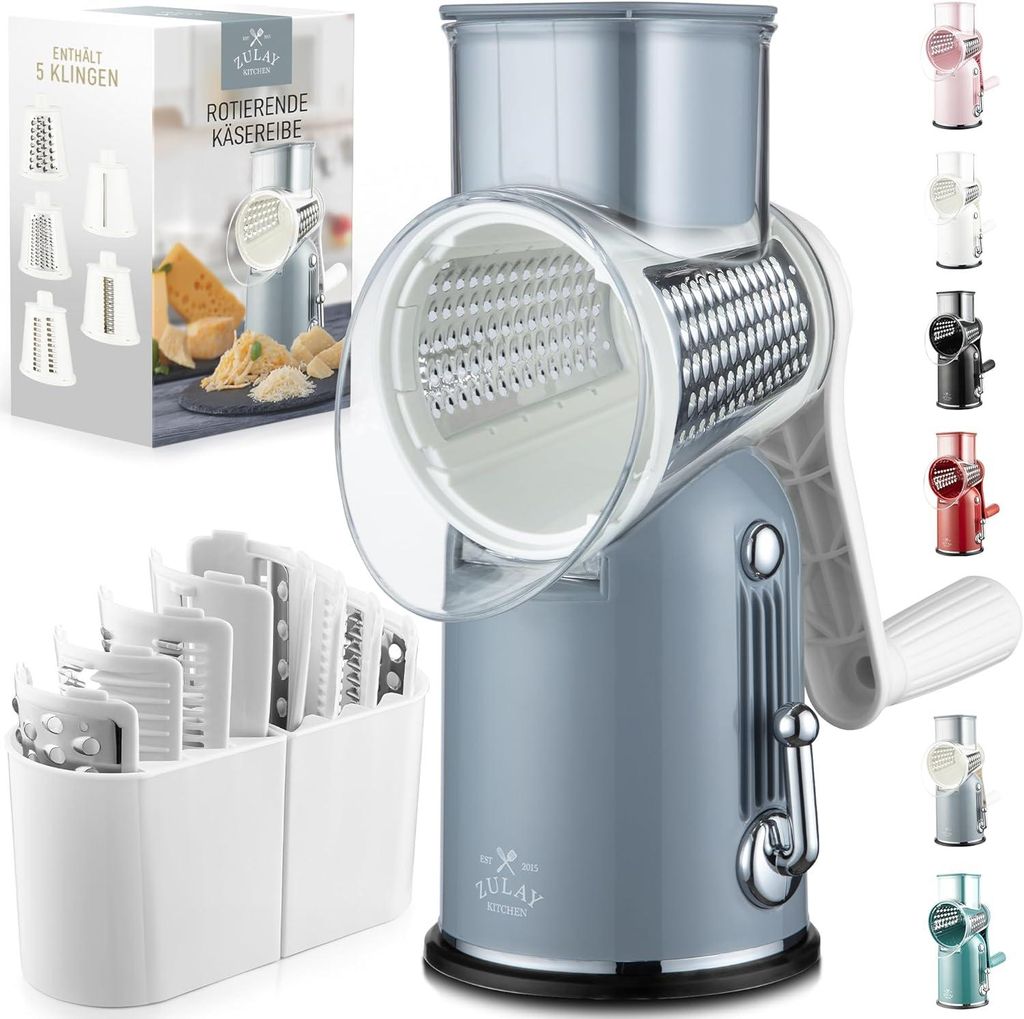 5-in-1 Käsereibe mit Kurbel Edelstahl Gemüsereibe mit Saugfuß, Trommelreibe für Käse Gemüse Nüsse, Parmesanreibe, spülmaschinengeeignet Kü...