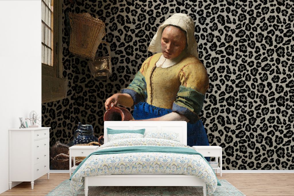 MuchoWow Fototapete für Wohnzimmer oder Schlafzimmer Wandtapete Vinyl Motivtapete Milchmädchen - Kunst - Pantherdruck - Vermeer - Gemälde - Al...