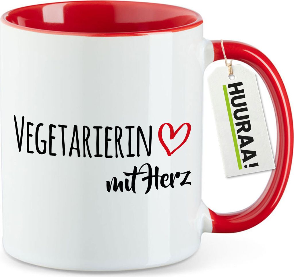 Huuraa Kaffeetasse Vegetarierin mit Herz 330ml Rot Keramik Kaffeebecher Geschenkidee