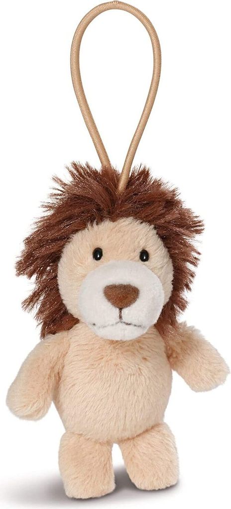 A plush toy lion with a loop for hanging.