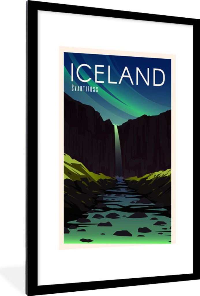 MuchoWow MuchoWow Gerahmtes Poster Illustration des Wasserfalls Svartifoss in Island 60x90 cm - Poster mit zchwarzem Bilderrahmen - Dekoration ...