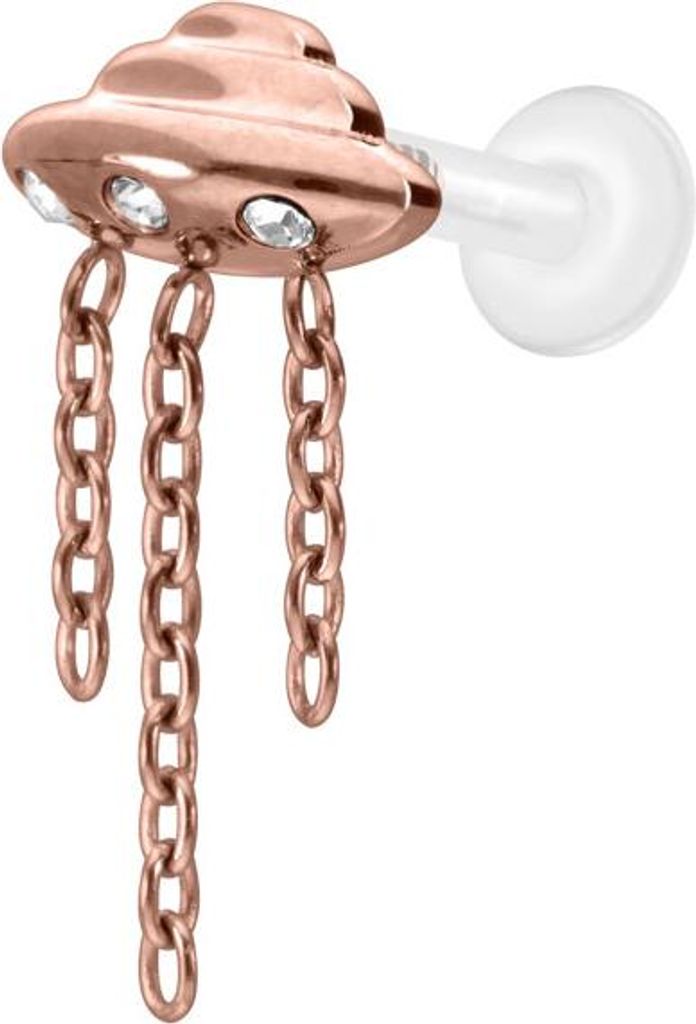 Ohrpiercing, Nasenpiercing PTFE Labret mit Innengewinde + Titan-Aufsatz UFO + KETTEN + KRISTALLE RoséGold Stablänge: 7mm | Stabstärke: 1,6mm