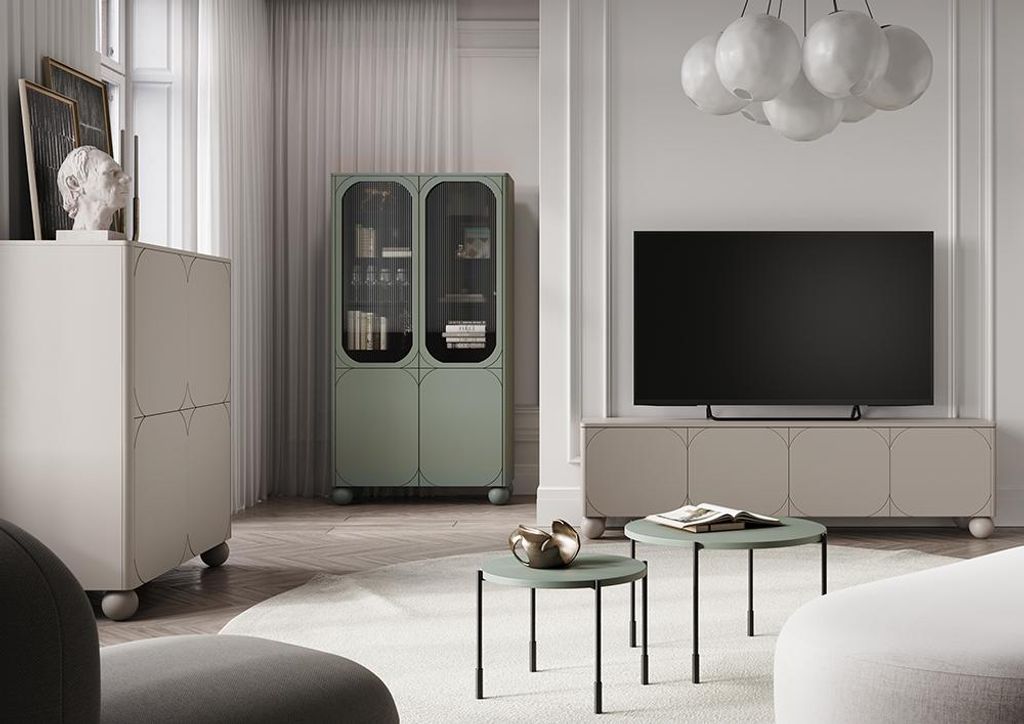 Wohnzimmer-Set in kaschmir und grün matt mit Highboard, Lowboard, 2 runde Couchtische, 5-teilig - SPLIT-141