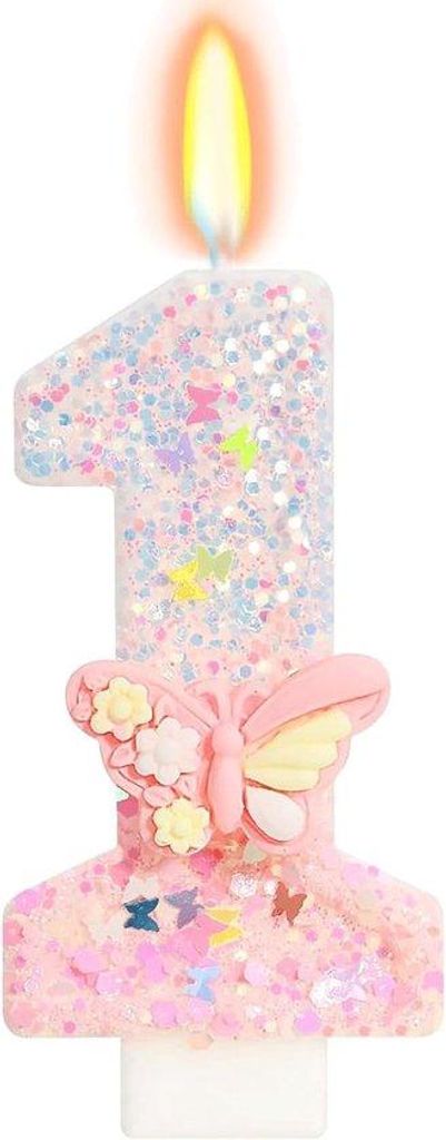 Verjaardagskaars met roten cijfer 1, vlinder taartdecoratie, mädchen, 1. Geburtstag