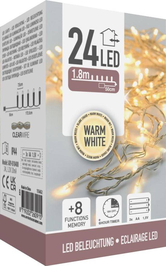 The image shows the packaging of a 24 LED string light set.