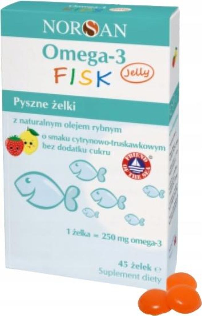 A product box for Norsan Omega-3 Fisk Jelly, with some jelly candies in the foreground.