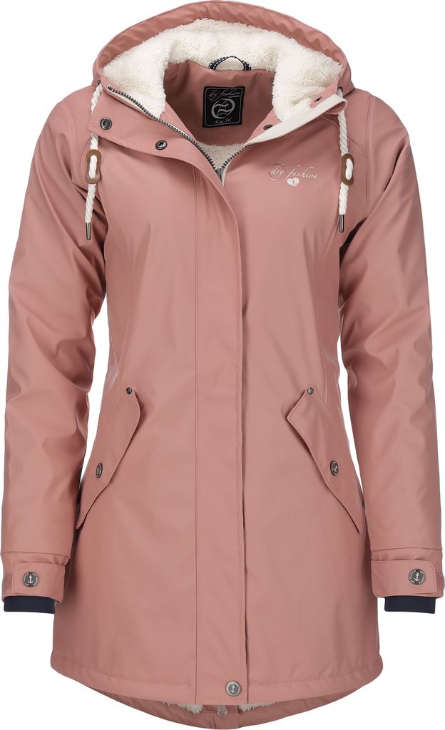 Dry Fashion Damen Regenmantel Malmö - Frauen Regenjacke Jacke mit Kapuze Lang Winddicht Wasserdicht Gefüttert mit Teddyfleece in Rosa Größe 38