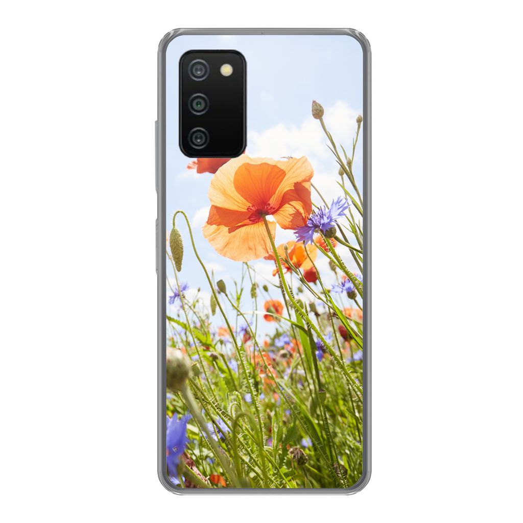 MuchoWow Handyhülle Schutzhülle Hülle für Samsung Galaxy A03s Blumen - Mohn - Frühling - Natur - Rot - Blau Silikon Softcase Handy Hülle - ...
