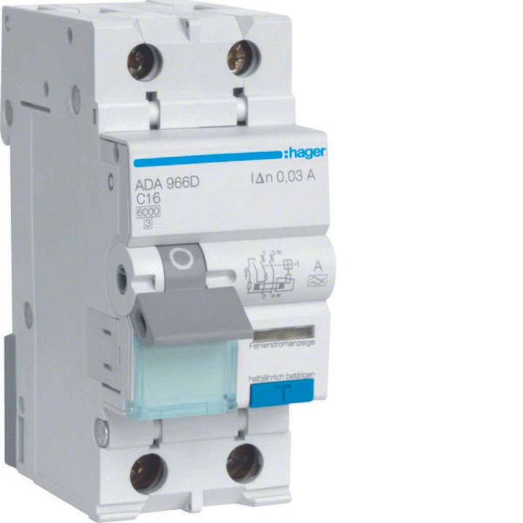 HAGER RCBO Fehlerstrom-/Leitungsschutzschalter 1P+N 6kA C16A 30mA Typ A ADA966D