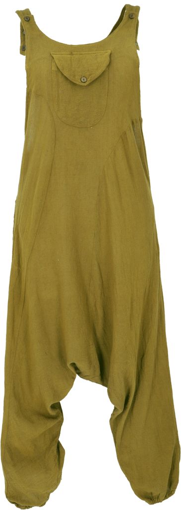 Natürliche Boho Latzhose, Overall, Luftiger Jumpsuit - Khaki, Damen, Grün, Baumwolle, Hosen