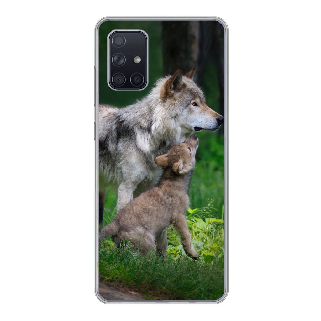 MuchoWow Handyhülle Schutzhülle Hülle für Samsung Galaxy A51 Wolf - Baby - Wald Silikon Softcase Handy Hülle - Schutzabdeckung