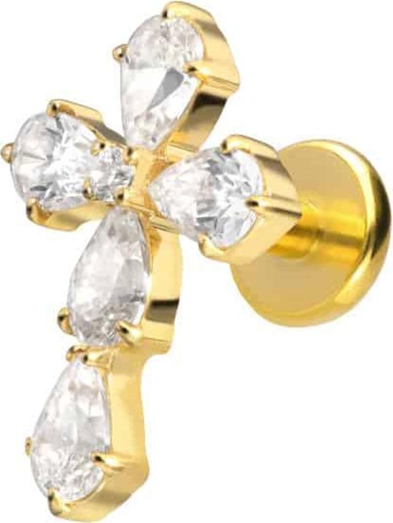 Ohrpiercing, Nasenpiercing Titan Labret mit Push Fit KRISTALLKREUZ Gold Stablänge: 6mm | Stabstärke: 1,2mm