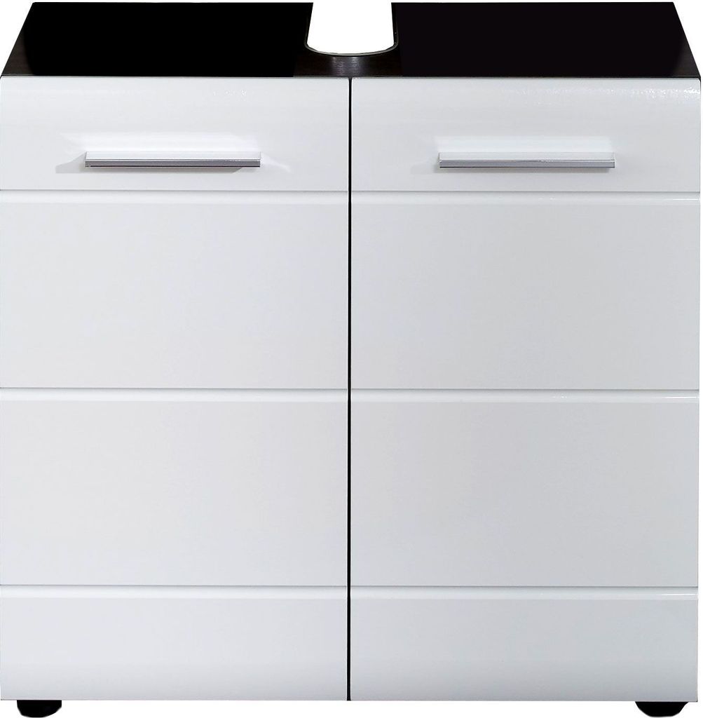 A front view of a white bathroom vanity cabinet with a black top.