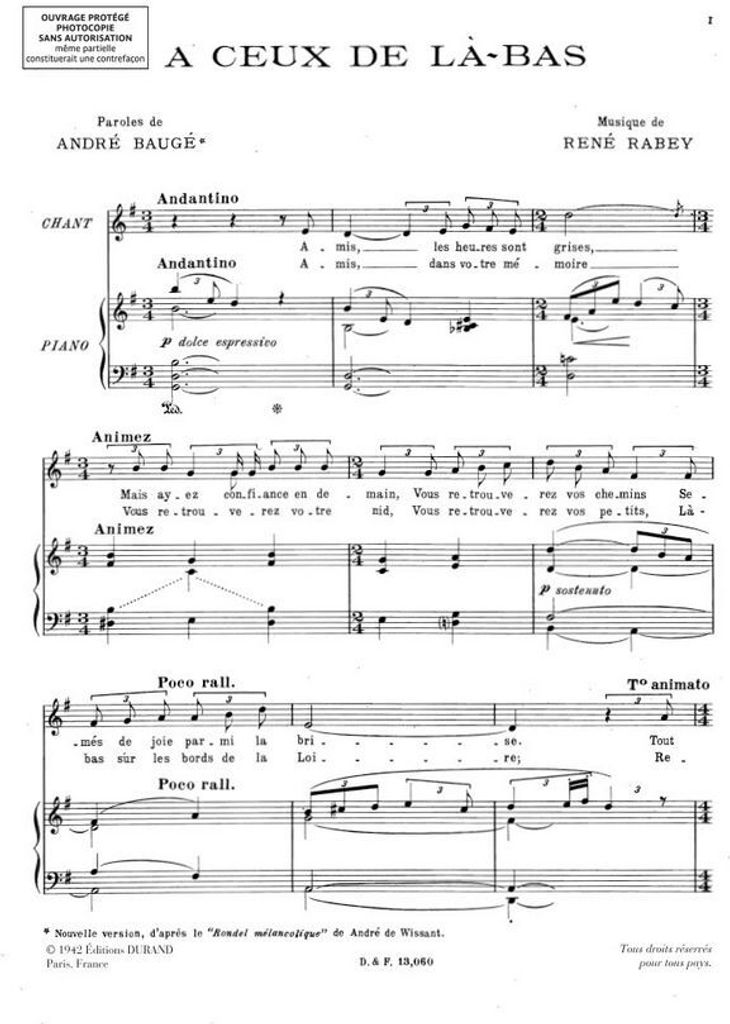Rabey A Ceux De La-Bas Chant Piano Vocal and Piano