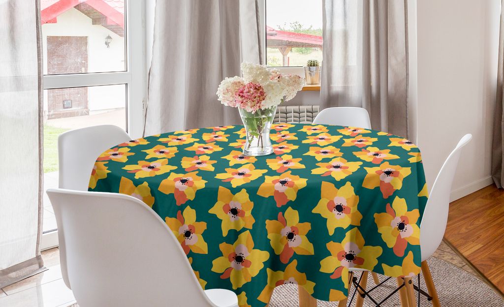 ABAKUHAUS Blumen Runde Tischdecke, Blumenmotive in warmen Tönen, Kreis Tischdecke Abdeckung für Esszimmer Küche Dekoration, 150 cm, Teal und Mul...