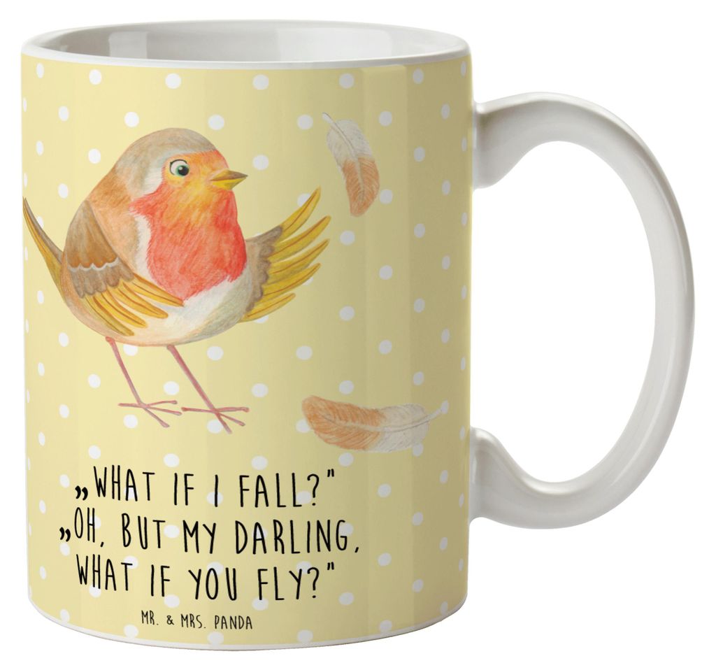 Mr. & Mrs. Panda Kaffeetasse Rotkehlchen Federn - Gelb Pastell - Geschenk, Pott, Trinkbecher, Motivation Sprüche, Teetasse, Vogel, Spruch, Tasse, ...