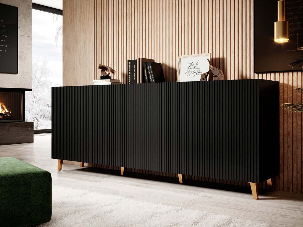 mirjan24 kommode pafos 200, stilvoll highboard mit 4 türen, modern  wohnzimmer sideboard (farbe: schwarz / gold füße)