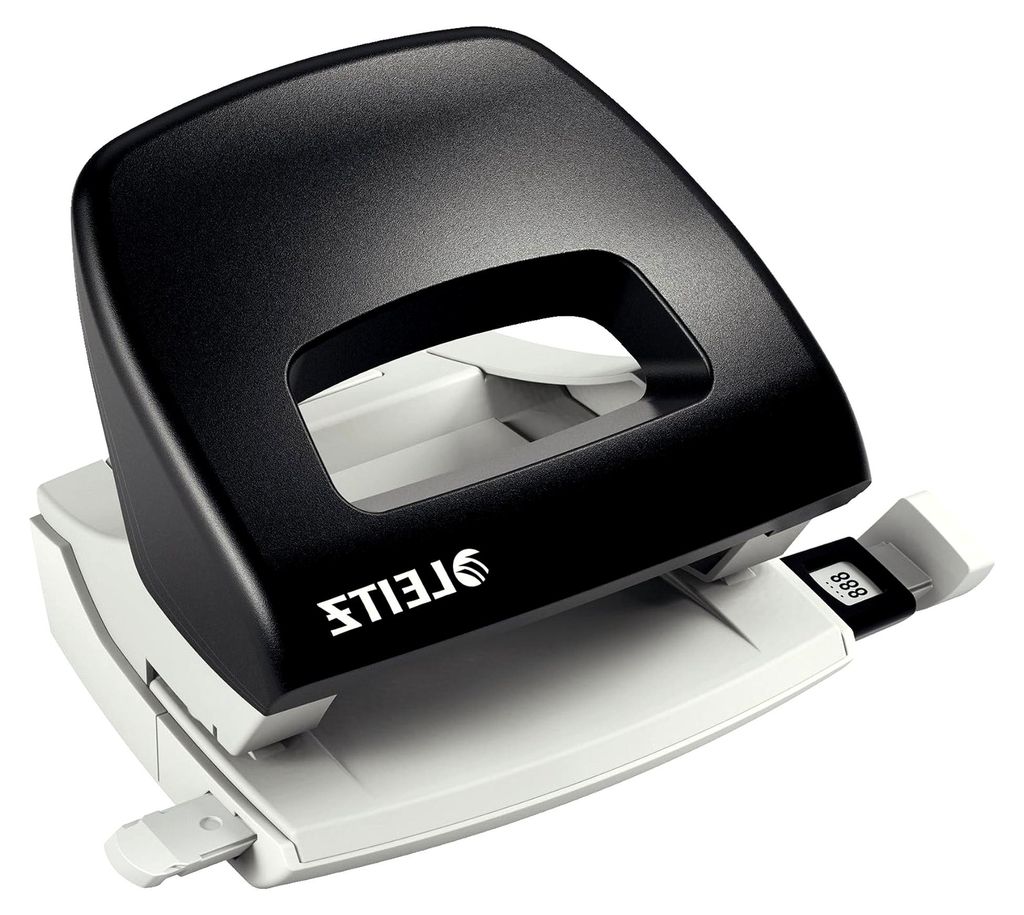 Kleiner Bürolocher aus Metall, 16 Blatt, Anschlagschiene mit Formatangaben, ergonomisches Design, schwarz