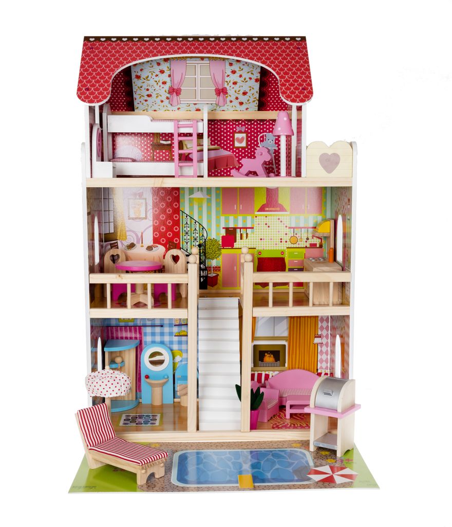 Puppenhaus aus Holz 3 Etagen mit Möbel Zubehör Spielhaus Puppenvilla Puppenstube 