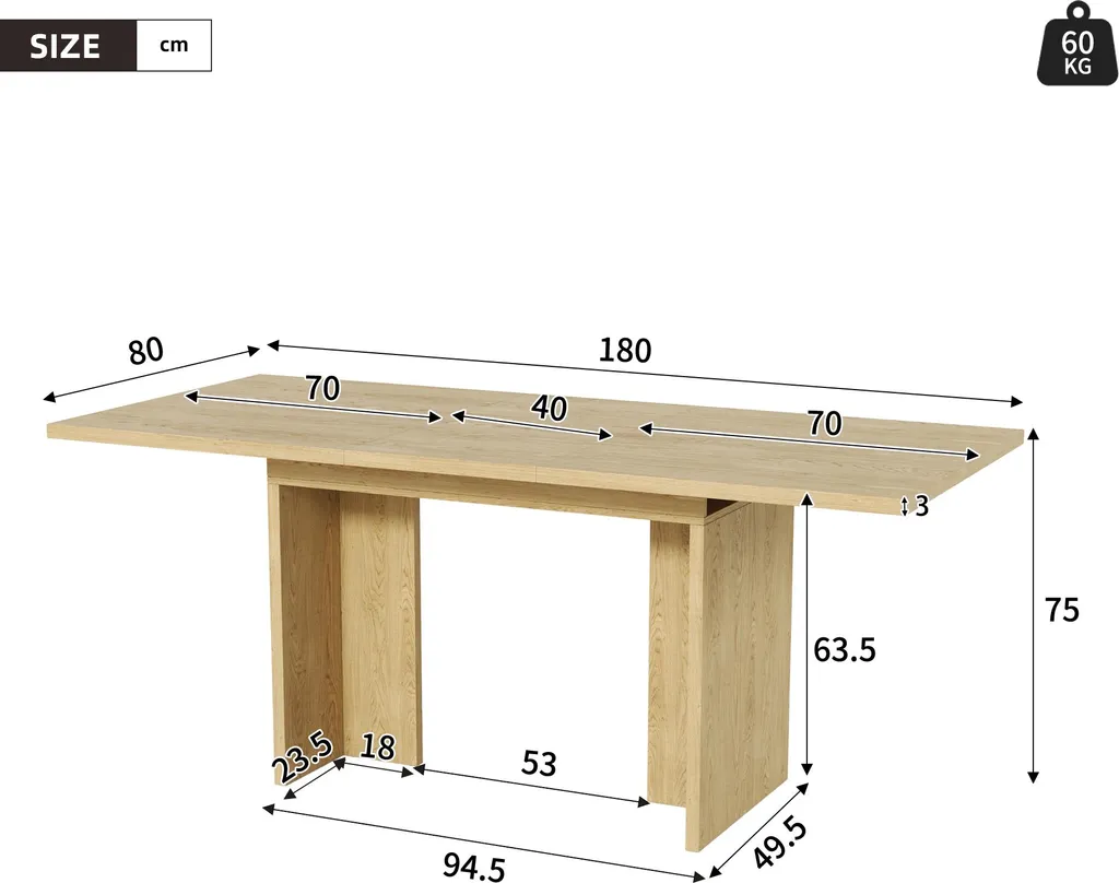 Table à Manger Gain de Place Extensible Chêne - Plateau MDF Anti-Rayures - 6