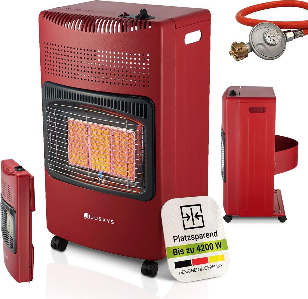 Juskys Keramik Gasheizung GS42US - Rot - 4200 Watt mit 3 Heizstufen, Druckregler & Schlauch - Mobil, effizient & energiesparend - Gasheizer Gasheiz...