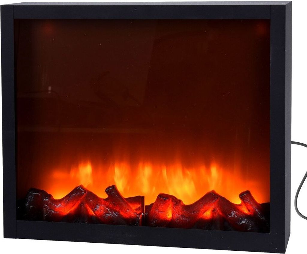 A black framed electric fireplace with LED flames.
