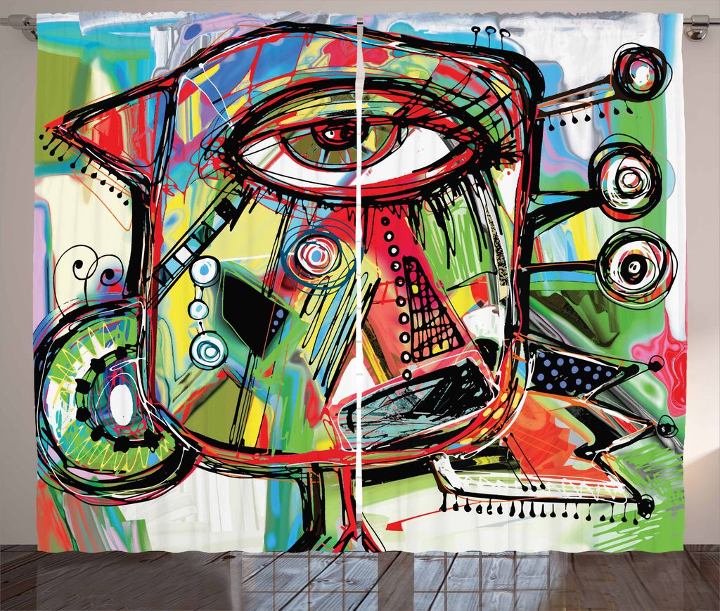 ABAKUHAUS Bunt Rustikaler Gardine, Retro Doodle Vögel, Schlafzimmer Kräuselband Vorhang mit Schlaufen und Haken, 280 x 175 cm, Mehrfarbig