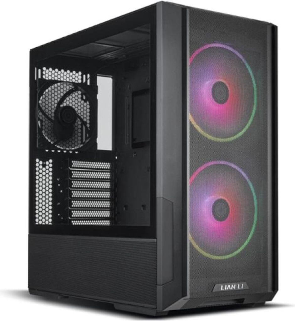 A black computer tower case with RGB fans on the front.