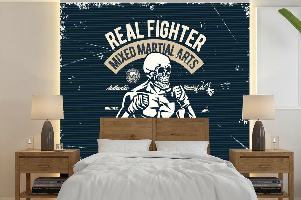 MuchoWow Fototapete für Wohnzimmer oder Schlafzimmer Wandtapete Vinyl Motivtapete Kampfsport - Skelett - Retro - Zeichnung - 260x260 cm - Papier...