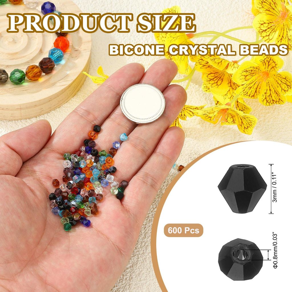 3mm Bicone Crystal Beads, 600 Stk. Glas Facettierte Bicone Perlen Lose Spacer Perle fš¹r Schmuckherstellung Armband Halskette Ohrringe, Schwarz
