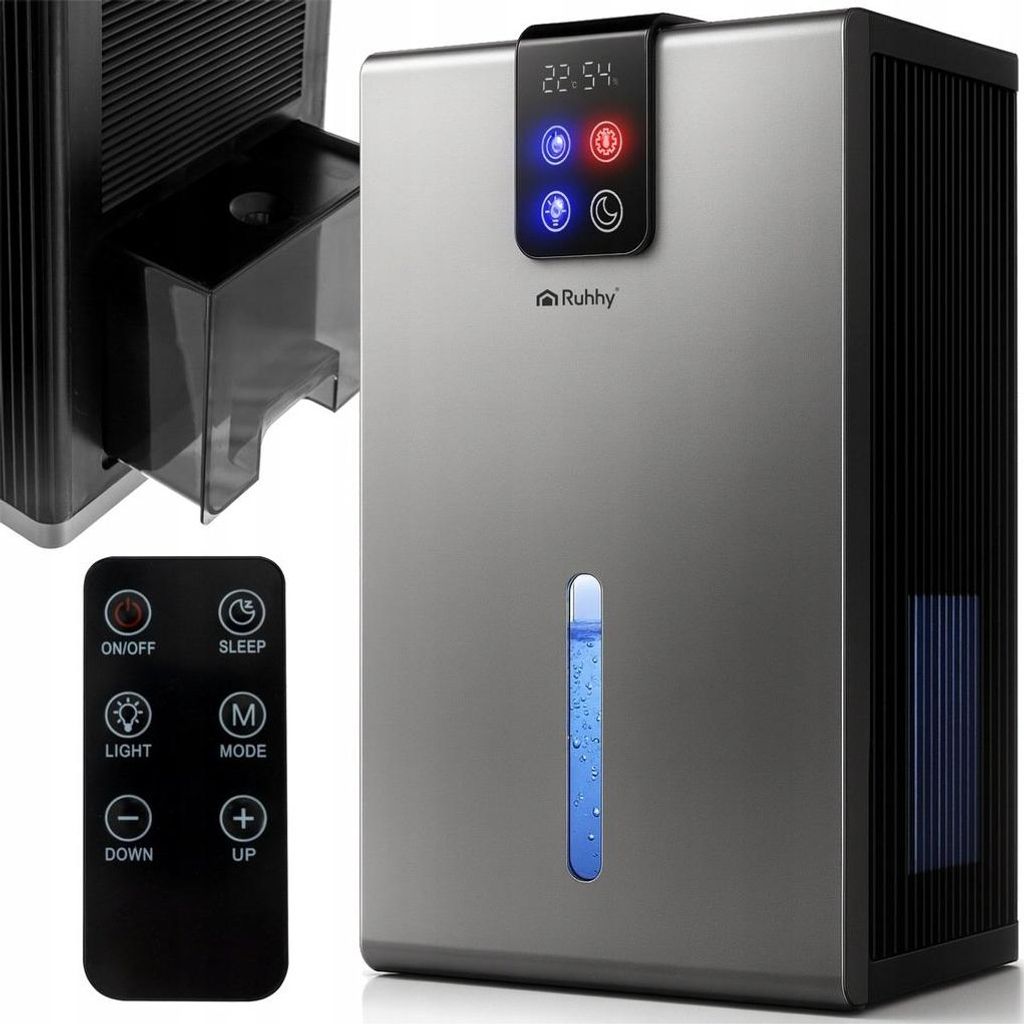 A Ruhhy humidifier with a remote control and a close-up of the water tank.