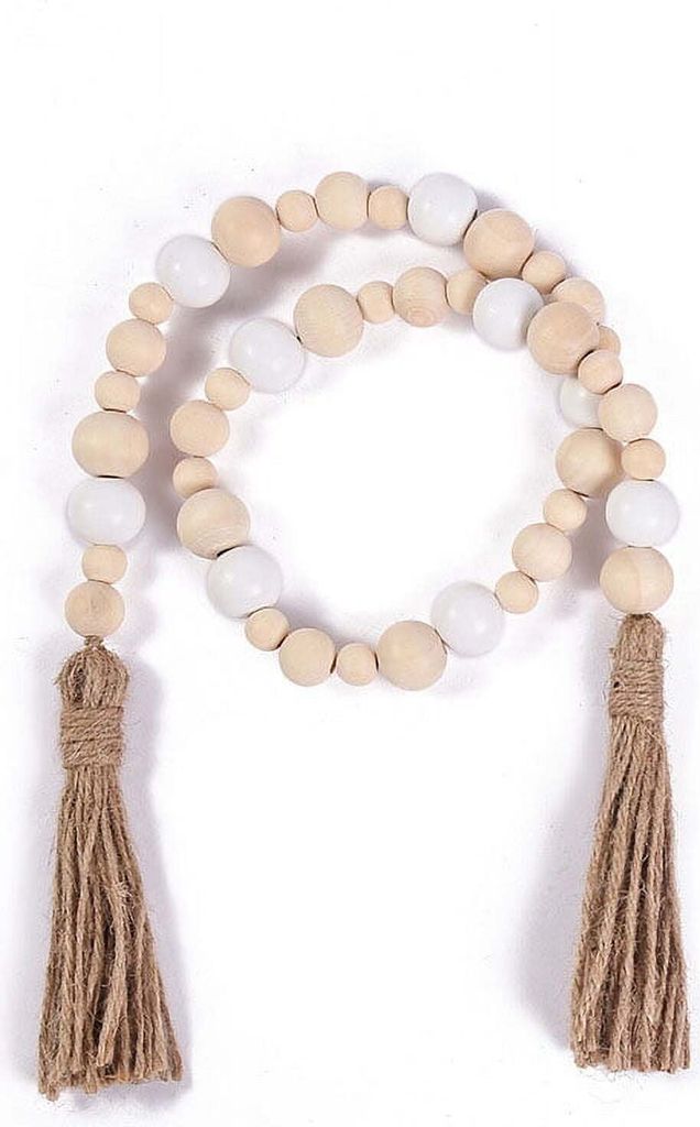 Bauernhausperlen Holzperlengirlande mit Quasten, rustikales Bauernhausdekor für Bauernhaus-Stufentablett, Bauernhaus-Wanddekor