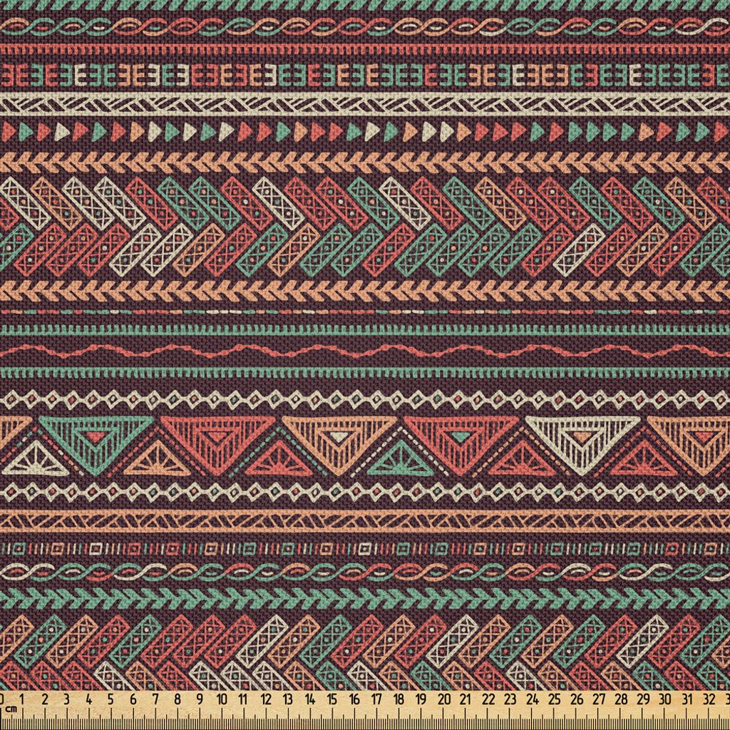 ABAKUHAUS Boho Satin Stoff als Meterware, Hand gezeichnete Zusammensetzung von Dreiecken-bunten ethnischen lateinamerikanischen Folkloremotiven, 10...