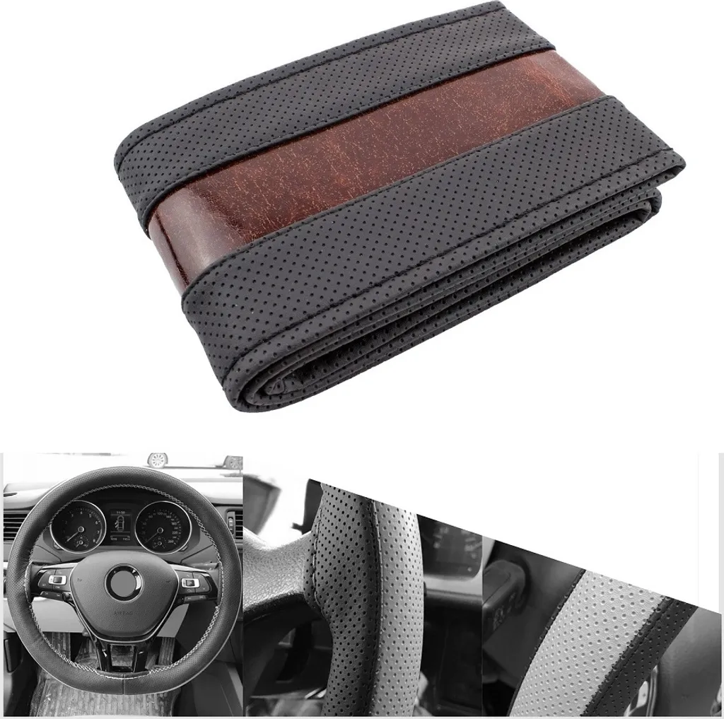 SV523A - Coprivolante nero traforato con effetto legno per tutti i tipi di volante 37cm-39cm per allacciatura