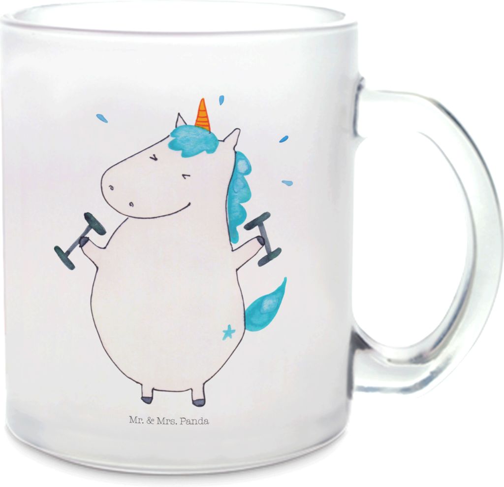 Mr. & Mrs. Panda Henkeltasse Einhorn Fitness - Transparent - Geschenk, Unicorn, Tee Tasse, Häferl, Teetasse aus Glas, Pumpen, Geräte, Sport, Teeg...
