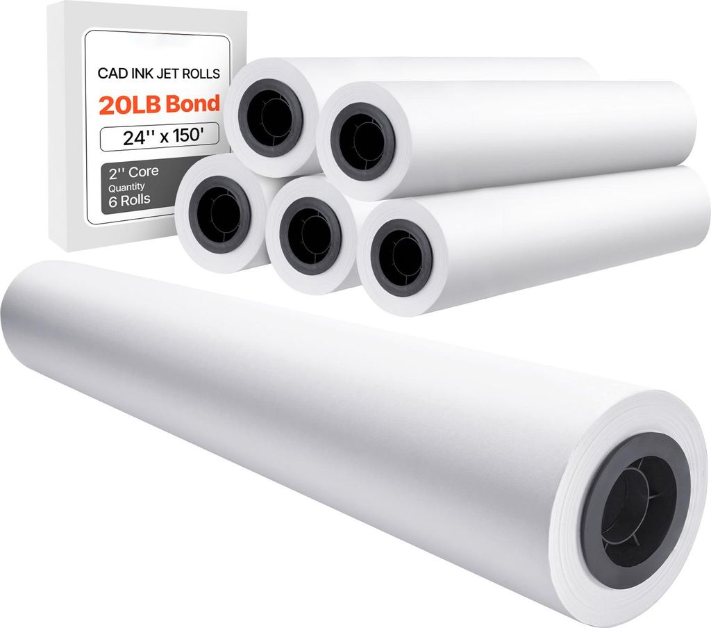 SucceBuy-Breitformatpapier, 24 Zoll x 150 Fuß Plotterpapier, 6 Rollen, 20 LB-Bondpapier mit 2-Zoll-Kern, ideal für CAD-Zeichnungen, technische Pl...