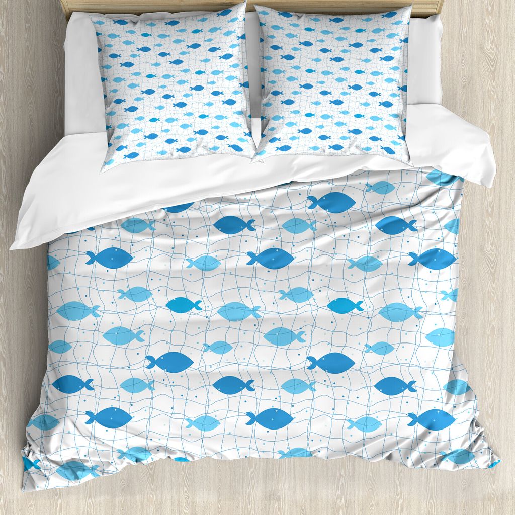 ABAKUHAUS Fisch Bettbezug, Geometrische Net Design Punkte, Milbensicher Allergiker geeignet mit Kissenbezügen, 200 cm x 200 cm - 80 x 80 cm, Blau ...