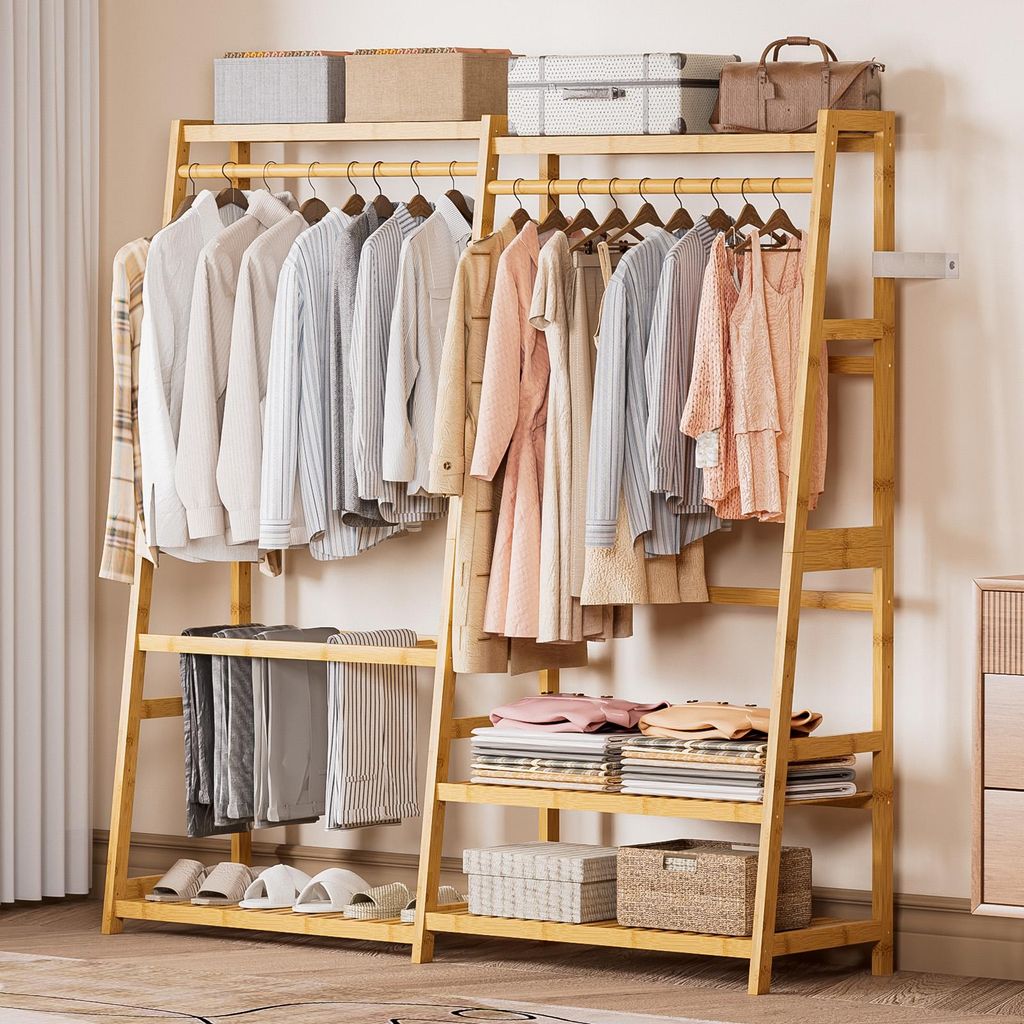 Yorbay Garderobenständer mit Aufhängestange, Regalböden & Hosengestell für Flur, Schlafzimmer & Büro
