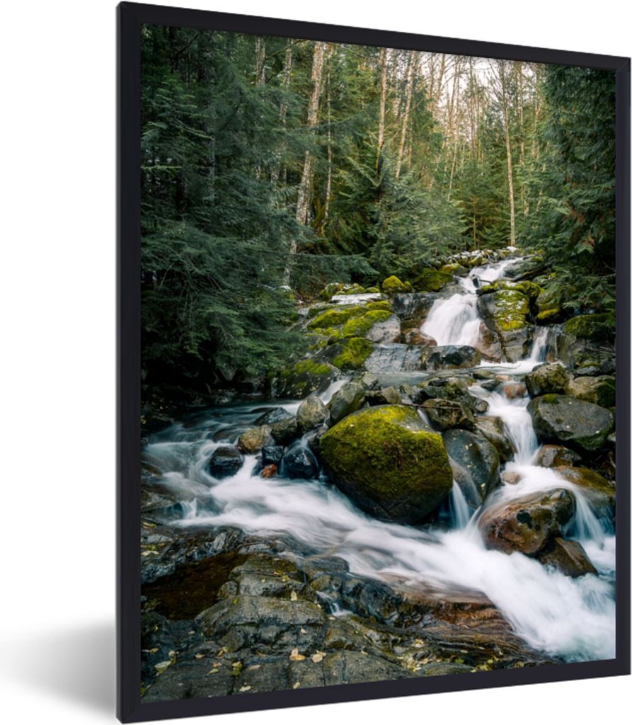 MuchoWow Gerahmtes Poster Natur - Wasserfall - Bäume - Herbst 30x40 cm - Poster mit Schwarzem Bilderrahmen Wandposter Rahmen Foto Bilder - Wandd...