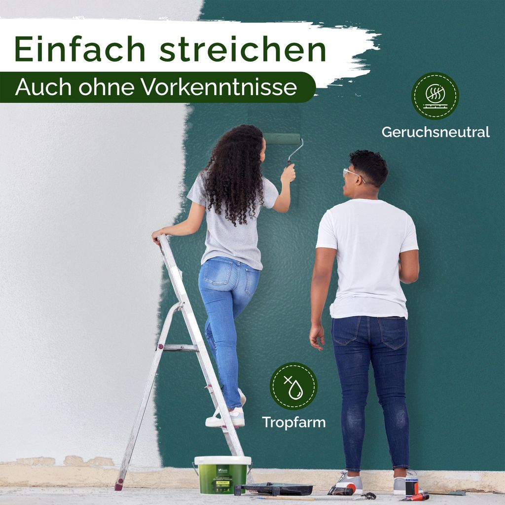 Wandfarbe Grün Blau Petrol Matt Innenfarbe – Deckkraft Klasse 1, VOC-frei, Ohne Grundierung, Tropfarm – Wohnzimmer & Schlafzimmer – 5L – V...