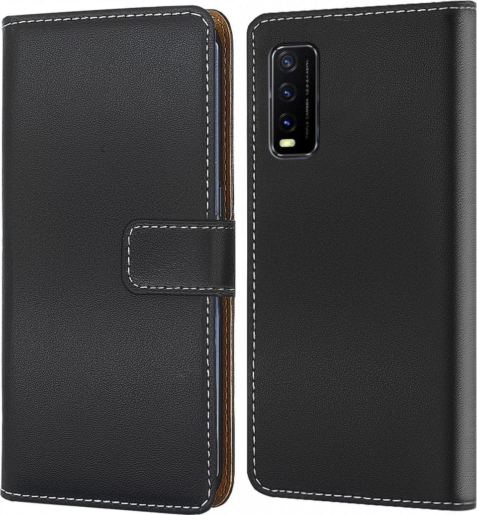 A black flip case for a smartphone is shown from two angles.
