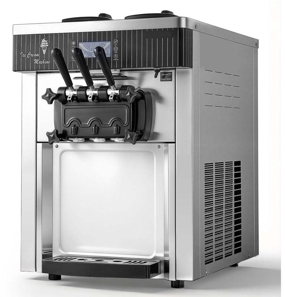 Gewerbliche Softeismaschine, Leistung 20–28 l/h, 2200 W, Tischmodell für 3 Sorten mit 2 x 6-Liter-Behältern und Rührwerk, Vorkühlung und Selb...
