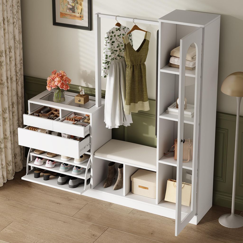 MODFU Garderobenset 6-in-1 Eingangskombination,Garderobenschrank mit Kleiderstange+Schuhbank,Glasvitrine Schuhschrank mit LED,Weiß