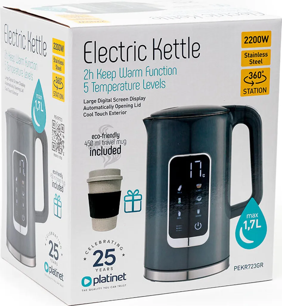 Bollitore Elettrico Platinet PEKR723GR 1.7L Grigio - Controllo Temperatura