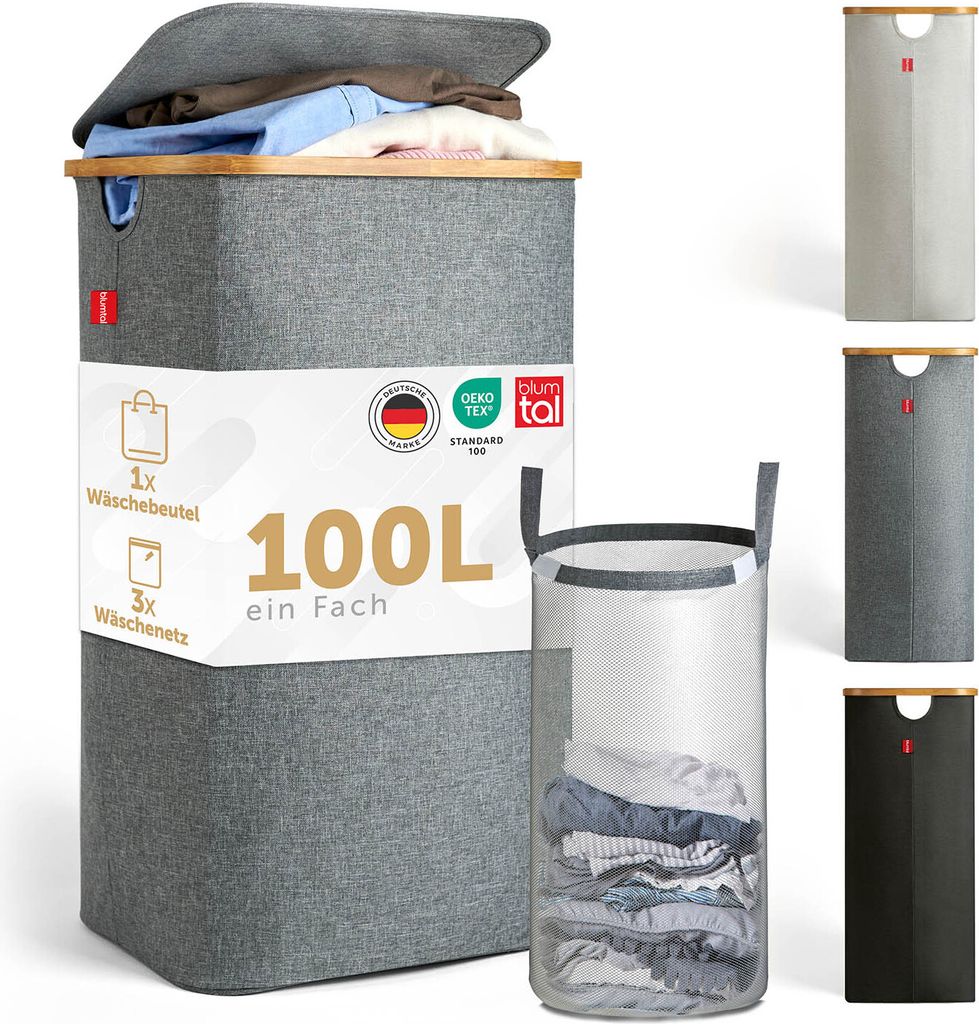 Blumtal Wäschekorb 100L - Wäschesammler mit herausnehmbaren Wäschesack - Wäschekorb schmal - Pfandflaschensammelbehälter - Wäschekorb grau