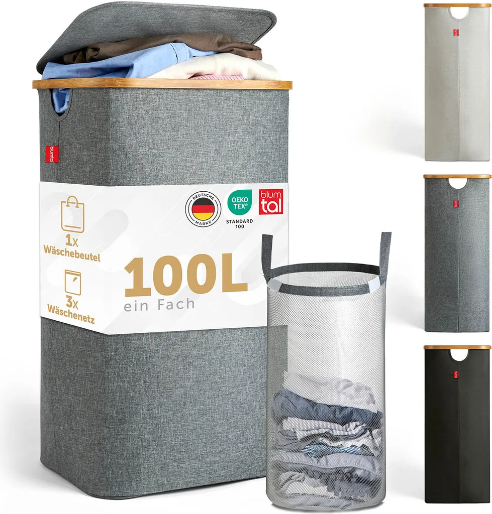 Cesto portabiancheria Blumtal 100L - Raccoglitore per biancheria con sacco estraibile - Cesto portabiancheria stretto - Raccoglitore per bottiglie di deposito - Cesto portabiancheria grigio