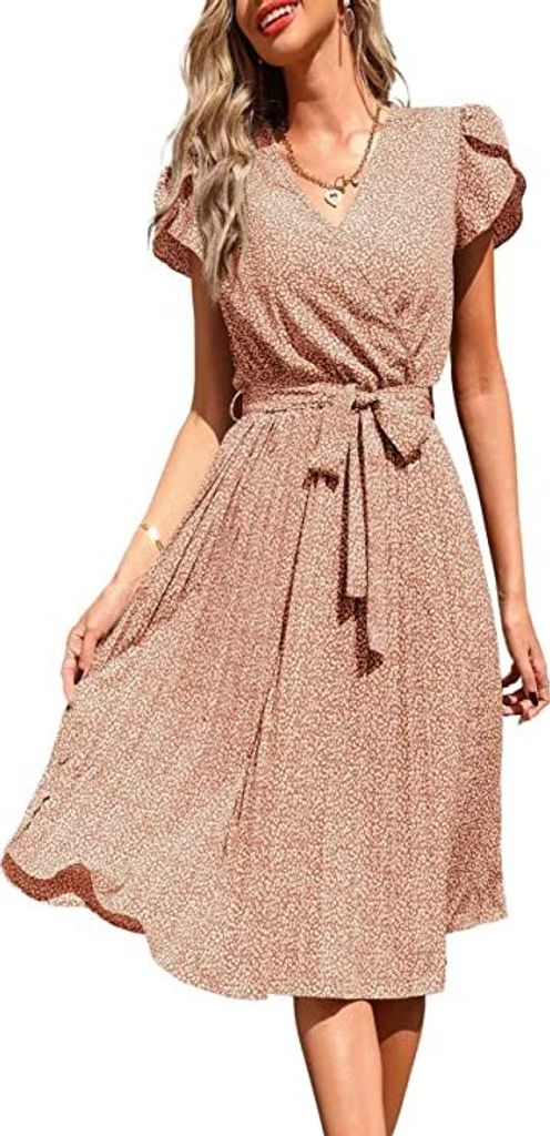 ASKSA Damen Sommerkleid Blumen Knielang Kleid V-Ausschnitt Kleider Faltenrock Strandkleid, Rot, S